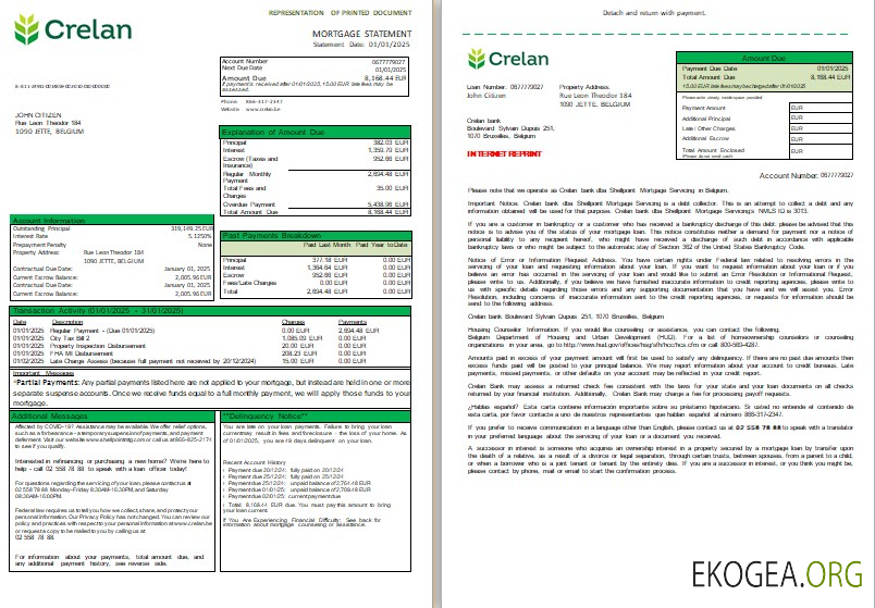 Relevé hypothécaire de la banque Crelan Belgique, 3 pages, 1 , 2 scr